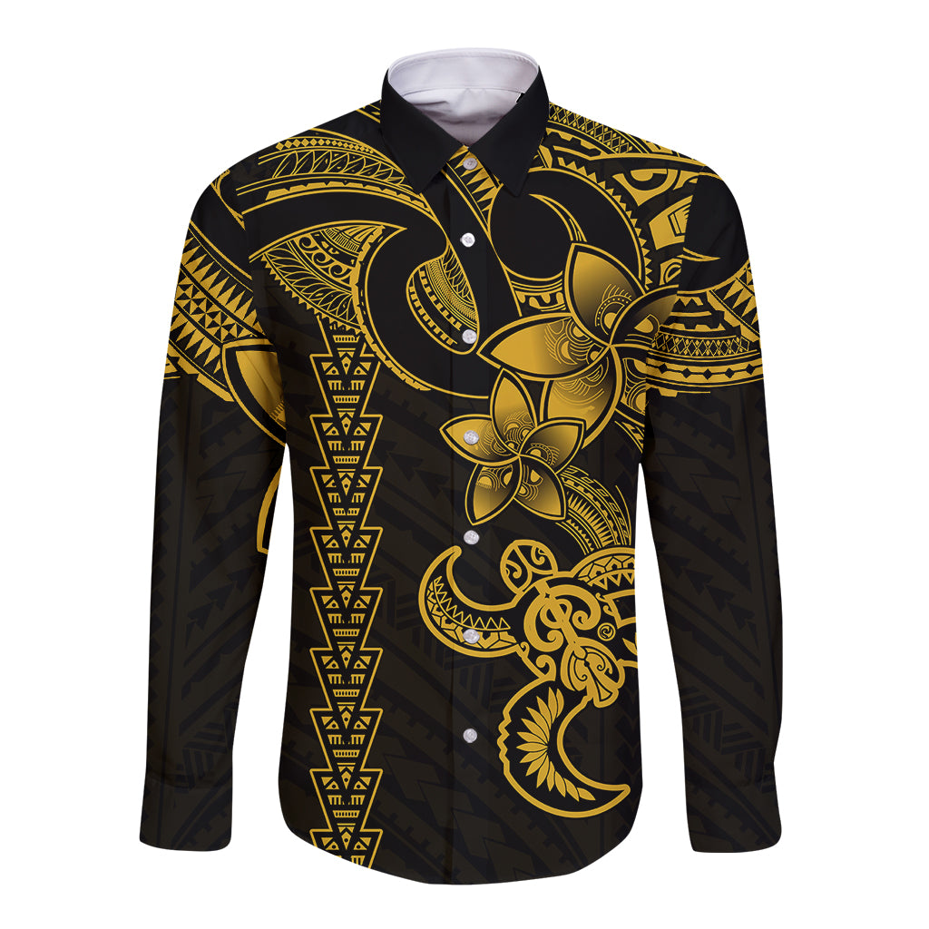 Hawaiian Tribal Long Sleeve Button Shirt Polynesian Kakau Turtle - Yellow - Wonder Print Shop