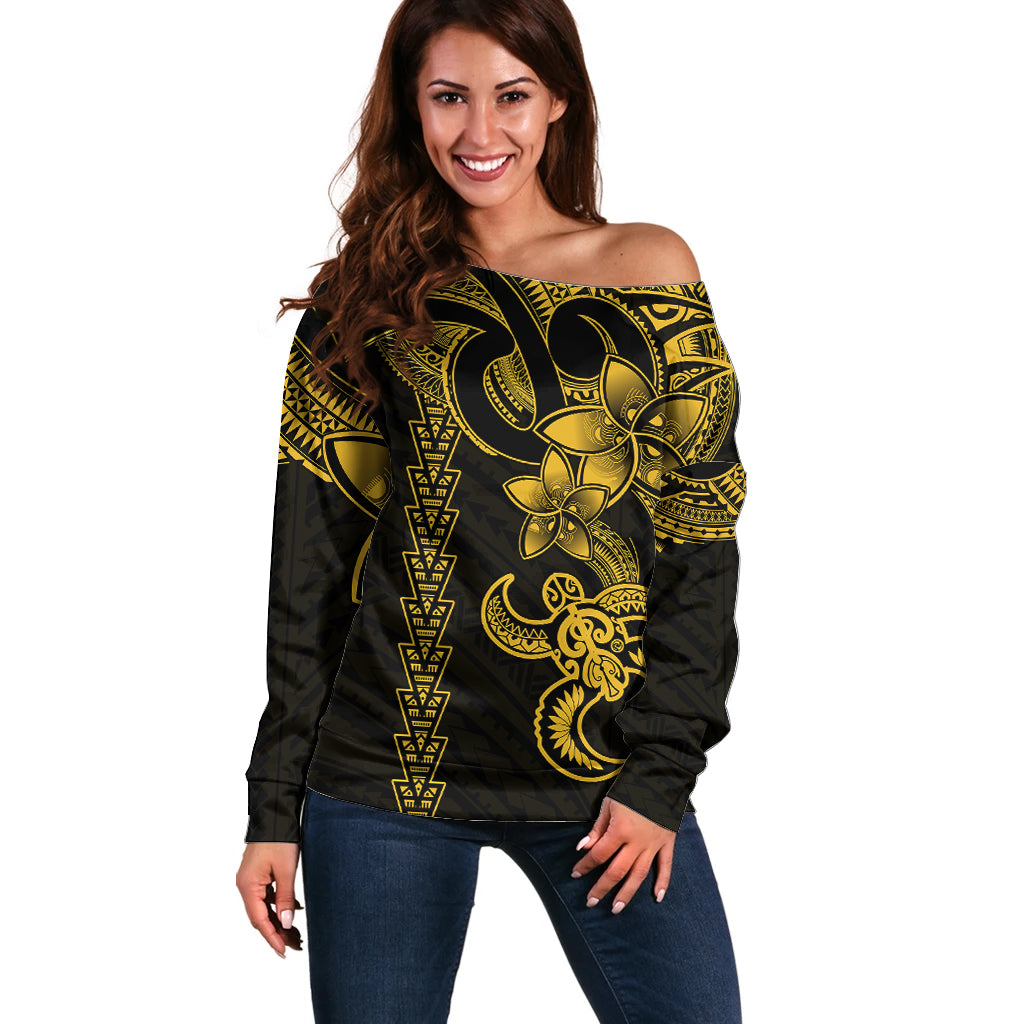 Hawaiian Tribal Off Shoulder Sweater Polynesian Kakau Turtle - Yellow - Wonder Print Shop