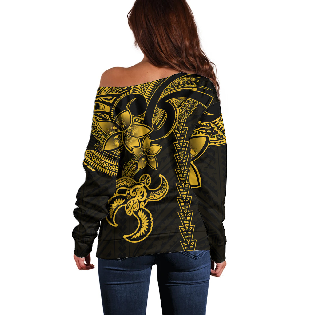 Hawaiian Tribal Off Shoulder Sweater Polynesian Kakau Turtle - Yellow - Wonder Print Shop
