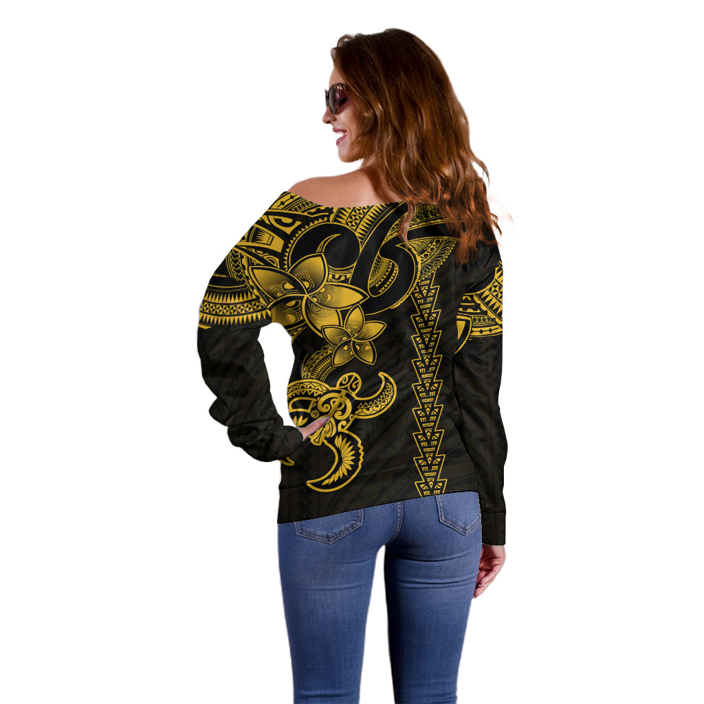 Hawaiian Tribal Off Shoulder Sweater Polynesian Kakau Turtle - Yellow - Wonder Print Shop