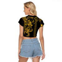 Hawaiian Tribal Raglan Cropped T Shirt Polynesian Kakau Turtle - Yellow - Wonder Print Shop
