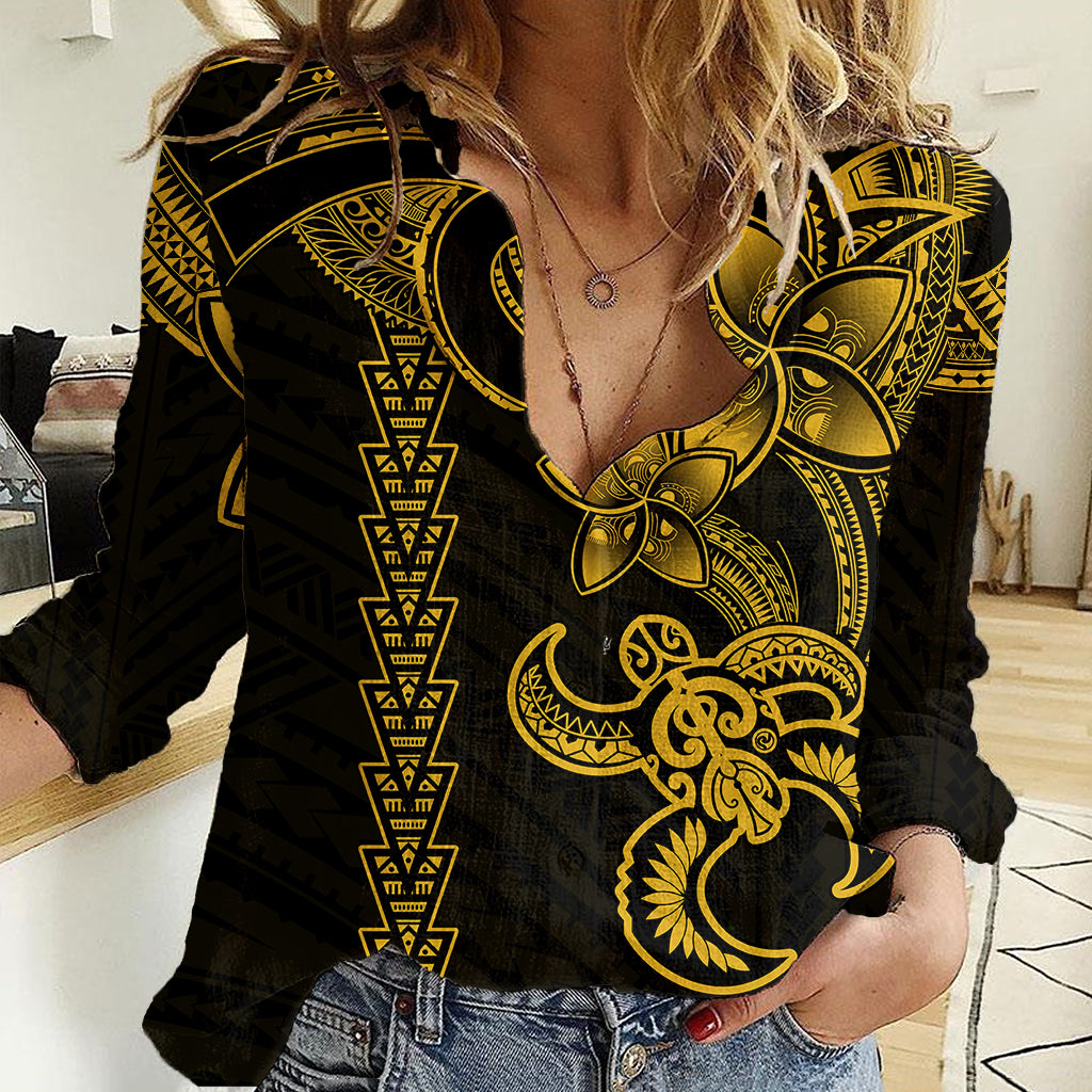Hawaiian Tribal Women Casual Shirt Polynesian Kakau Turtle - Yellow - Wonder Print Shop