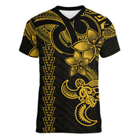 Hawaiian Tribal Women V Neck T Shirt Polynesian Kakau Turtle - Yellow - Wonder Print Shop