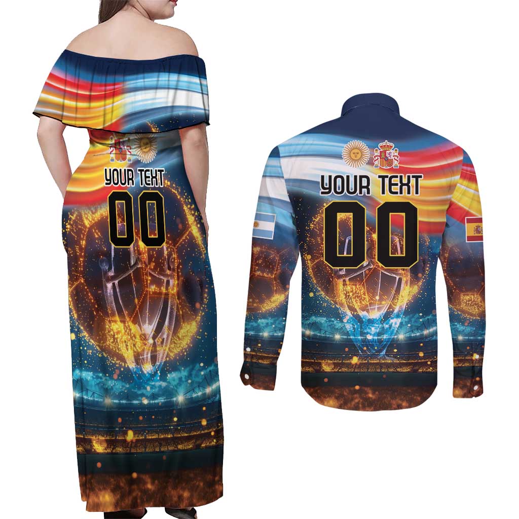 Custom Spain and Argentina Football Couples Matching Off Shoulder Maxi Dress and Long Sleeve Button Shirt Finalissima Make History Together LT9 - Wonder Print Shop
