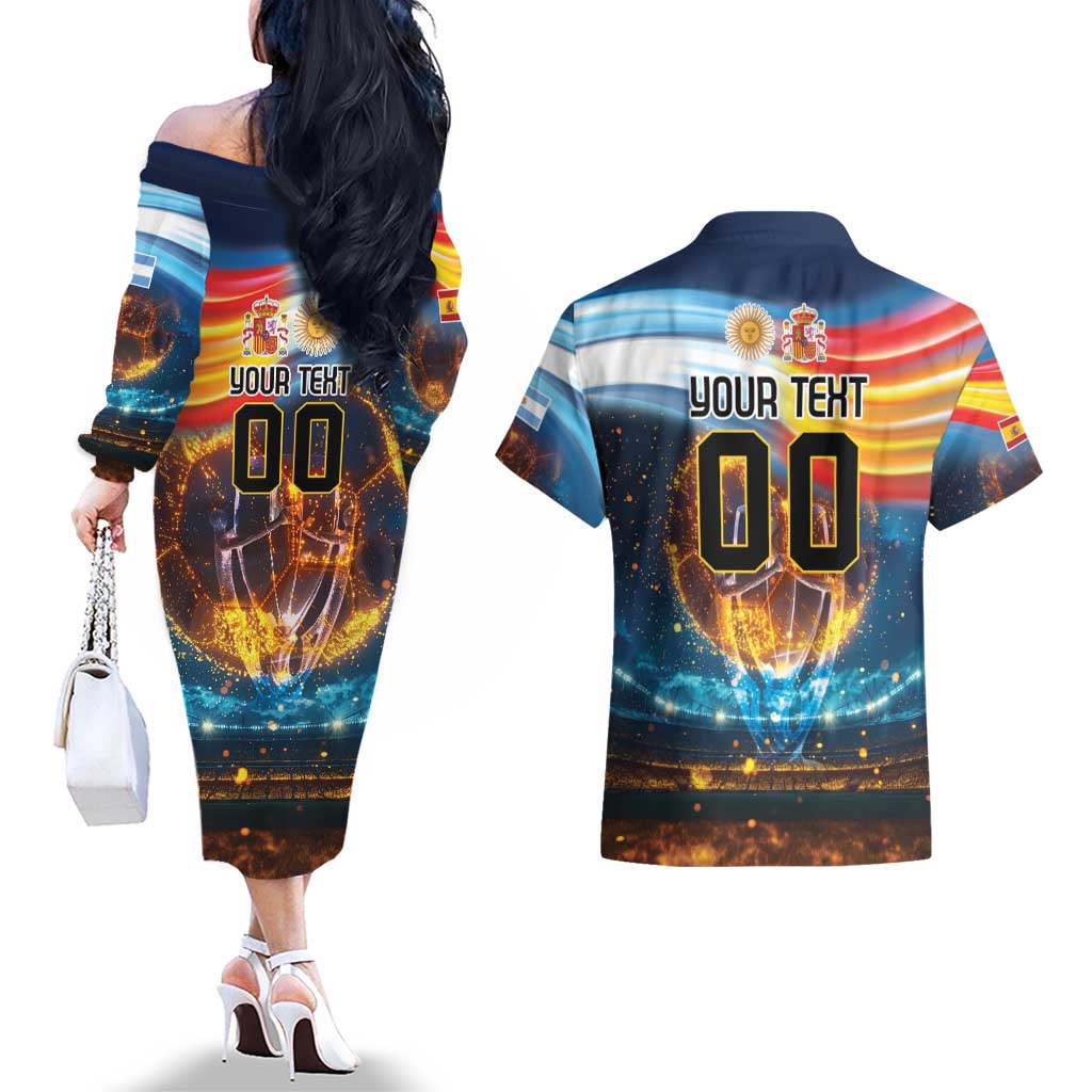 Custom Spain and Argentina Football Couples Matching Off The Shoulder Long Sleeve Dress and Hawaiian Shirt Finalissima Make History Together LT9 - Wonder Print Shop