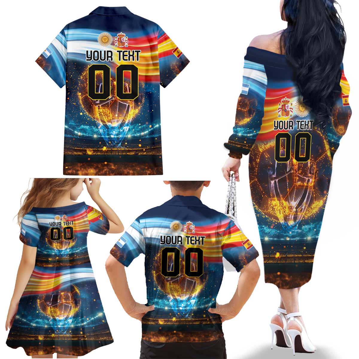 Custom Spain and Argentina Football Family Matching Off The Shoulder Long Sleeve Dress and Hawaiian Shirt Finalissima Make History Together - Wonder Print Shop