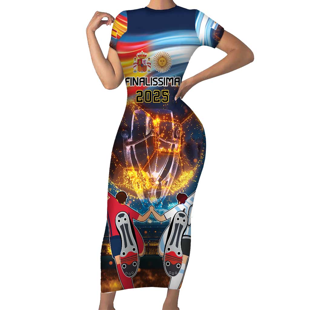 Custom Spain and Argentina Football Family Matching Short Sleeve Bodycon Dress and Hawaiian Shirt Finalissima Make History Together - Wonder Print Shop