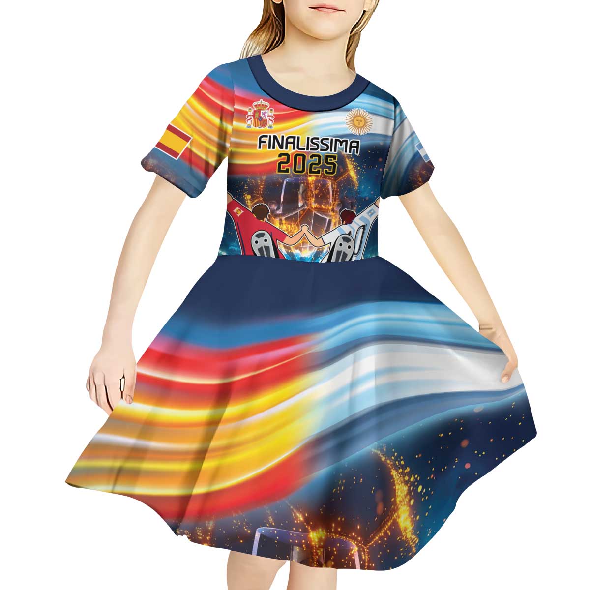 Custom Spain and Argentina Football Kid Short Sleeve Dress Finalissima Make History Together - Wonder Print Shop