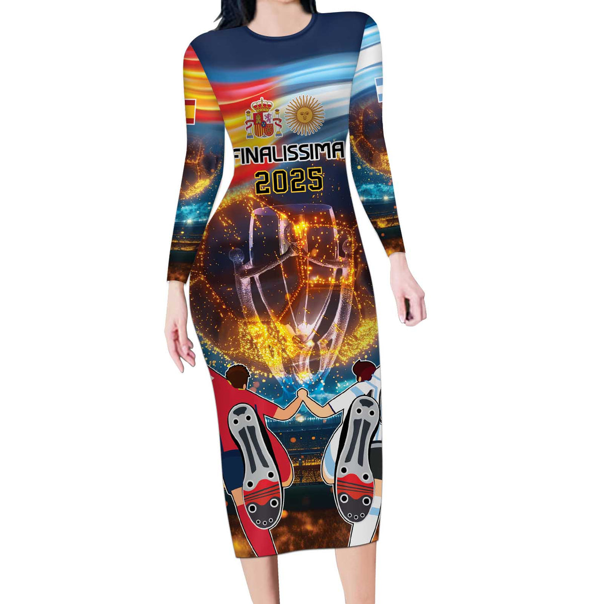 Custom Spain and Argentina Football Long Sleeve Bodycon Dress Finalissima Make History Together - Wonder Print Shop
