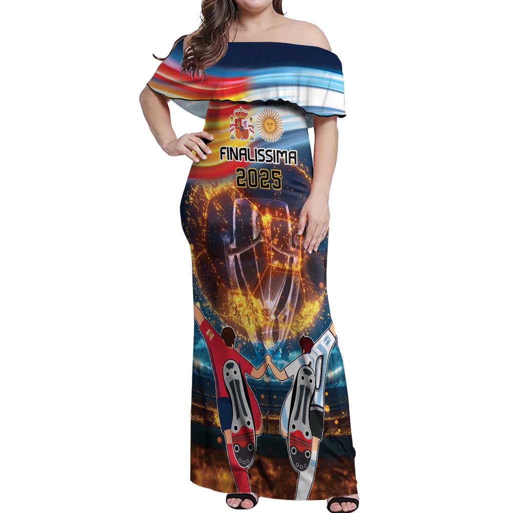 Custom Spain and Argentina Football Off Shoulder Maxi Dress Finalissima Make History Together - Wonder Print Shop