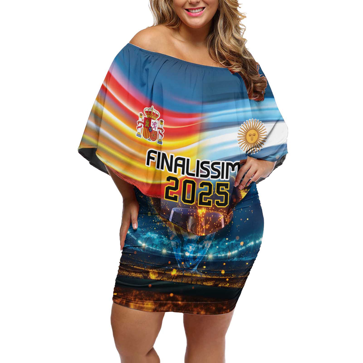 Custom Spain and Argentina Football Off Shoulder Short Dress Finalissima Make History Together - Wonder Print Shop