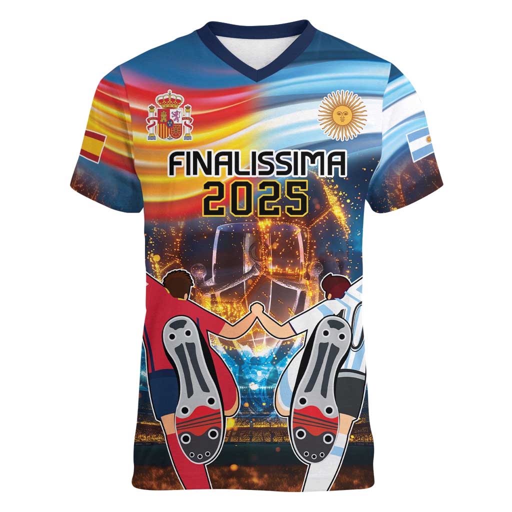 Custom Spain and Argentina Football Women V-Neck T-Shirt Finalissima Make History Together - Wonder Print Shop