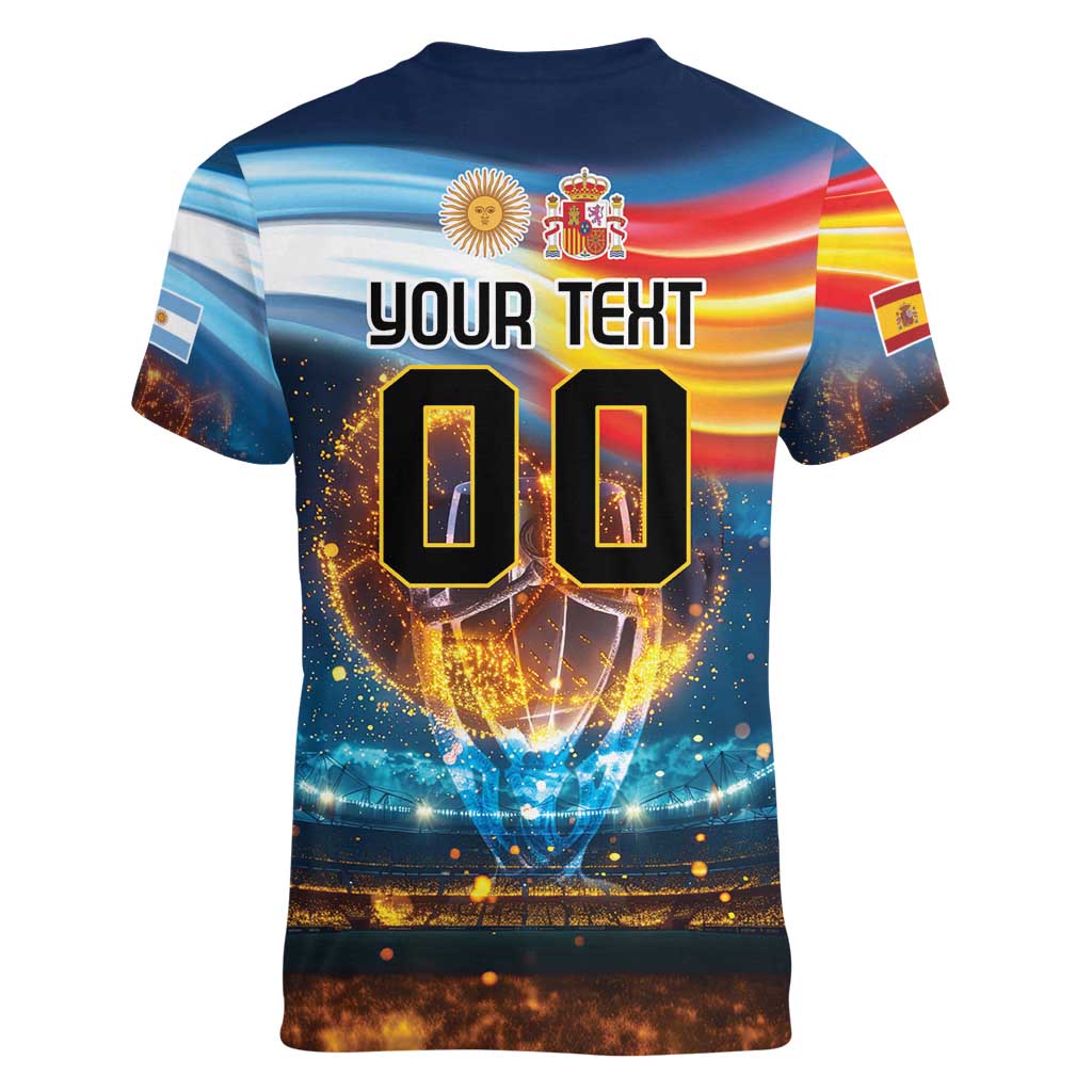 Custom Spain and Argentina Football Women V-Neck T-Shirt Finalissima Make History Together - Wonder Print Shop