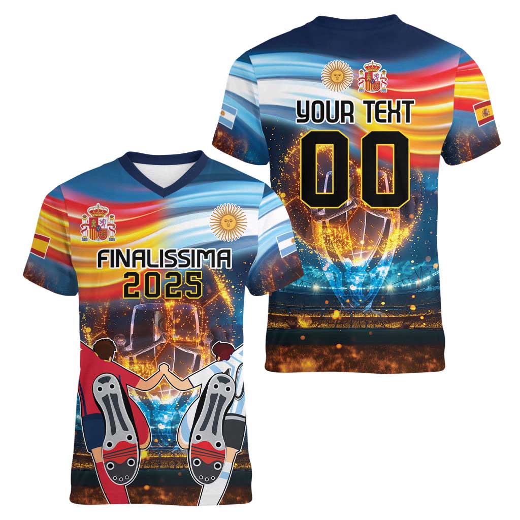 Custom Spain and Argentina Football Women V-Neck T-Shirt Finalissima Make History Together - Wonder Print Shop