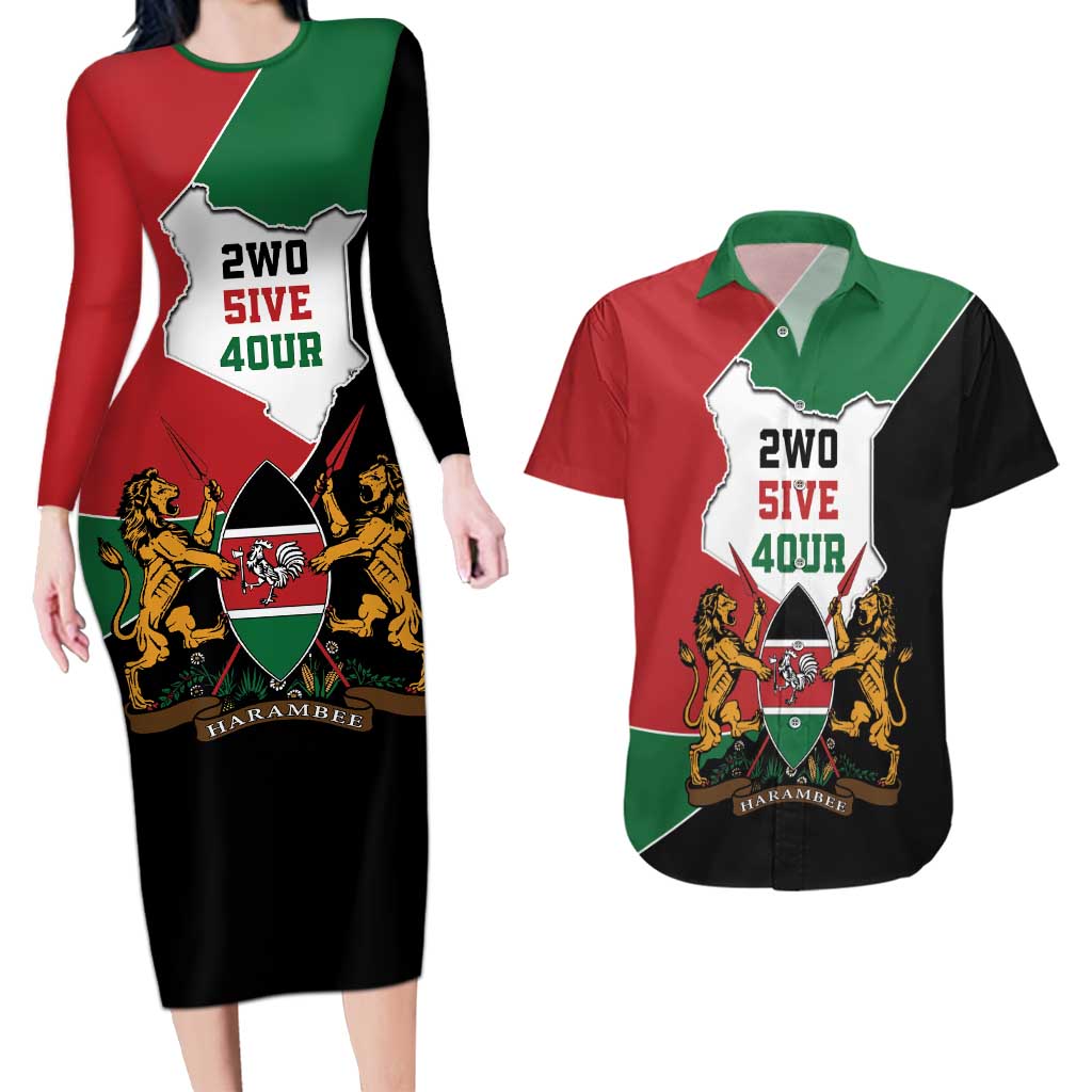 Kenya 254 Couples Matching Long Sleeve Bodycon Dress and Hawaiian Shirt Kenyan Flag Map Double Lion Shield - Wonder Print Shop