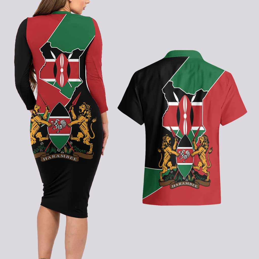 Kenya 254 Couples Matching Long Sleeve Bodycon Dress and Hawaiian Shirt Kenyan Flag Map Double Lion Shield - Wonder Print Shop
