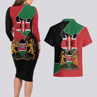 Kenya 254 Couples Matching Long Sleeve Bodycon Dress and Hawaiian Shirt Kenyan Flag Map Double Lion Shield - Wonder Print Shop