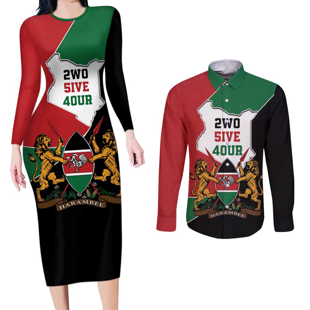 Kenya 254 Couples Matching Long Sleeve Bodycon Dress and Long Sleeve Button Shirt Kenyan Flag Map Double Lion Shield - Wonder Print Shop