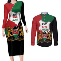 Kenya 254 Couples Matching Long Sleeve Bodycon Dress and Long Sleeve Button Shirt Kenyan Flag Map Double Lion Shield - Wonder Print Shop