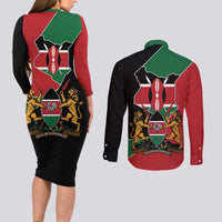 Kenya 254 Couples Matching Long Sleeve Bodycon Dress and Long Sleeve Button Shirt Kenyan Flag Map Double Lion Shield - Wonder Print Shop