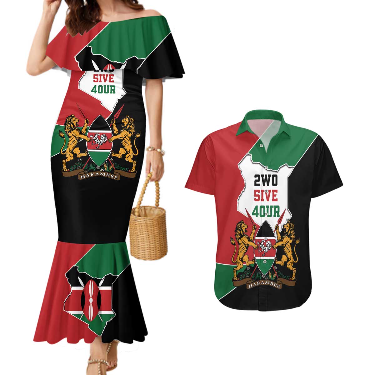 Kenya 254 Couples Matching Mermaid Dress and Hawaiian Shirt Kenyan Flag Map Double Lion Shield - Wonder Print Shop