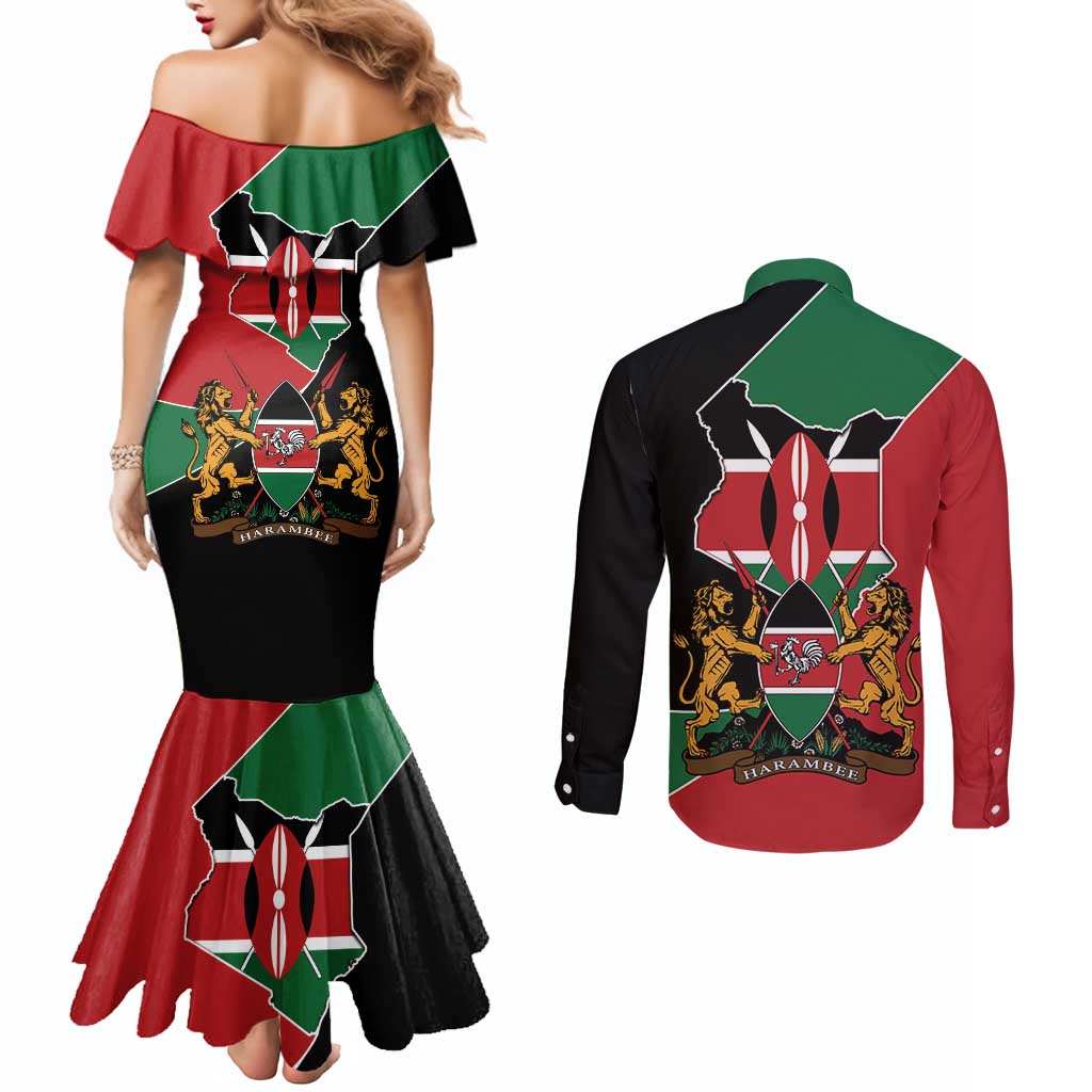 Kenya 254 Couples Matching Mermaid Dress and Long Sleeve Button Shirt Kenyan Flag Map Double Lion Shield - Wonder Print Shop