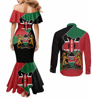 Kenya 254 Couples Matching Mermaid Dress and Long Sleeve Button Shirt Kenyan Flag Map Double Lion Shield - Wonder Print Shop