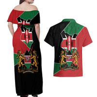 Kenya 254 Couples Matching Off Shoulder Maxi Dress and Hawaiian Shirt Kenyan Flag Map Double Lion Shield - Wonder Print Shop