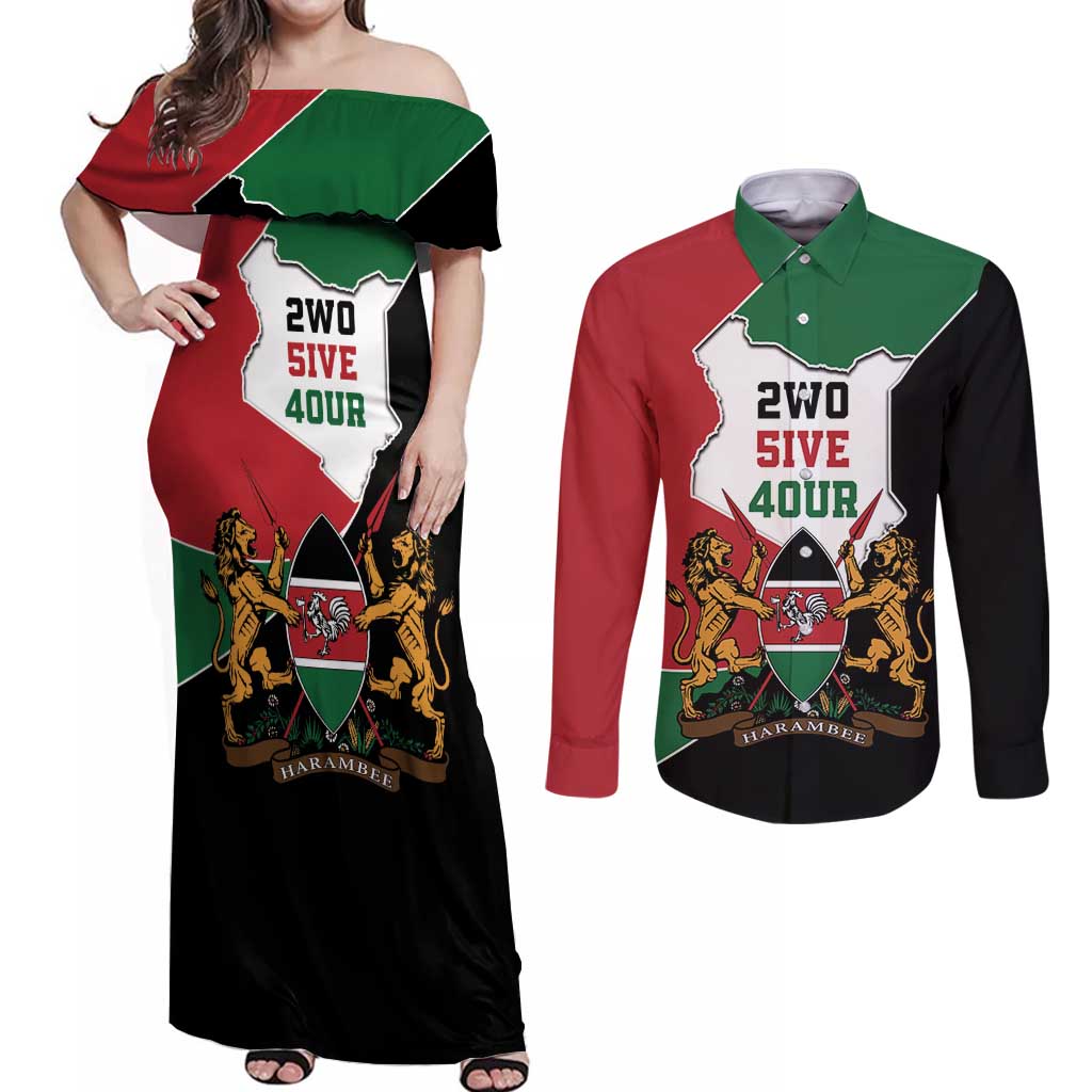 Kenya 254 Couples Matching Off Shoulder Maxi Dress and Long Sleeve Button Shirt Kenyan Flag Map Double Lion Shield - Wonder Print Shop