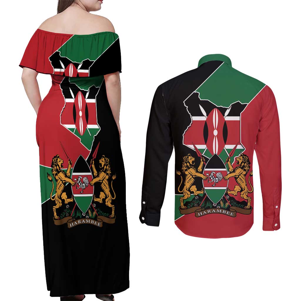 Kenya 254 Couples Matching Off Shoulder Maxi Dress and Long Sleeve Button Shirt Kenyan Flag Map Double Lion Shield - Wonder Print Shop