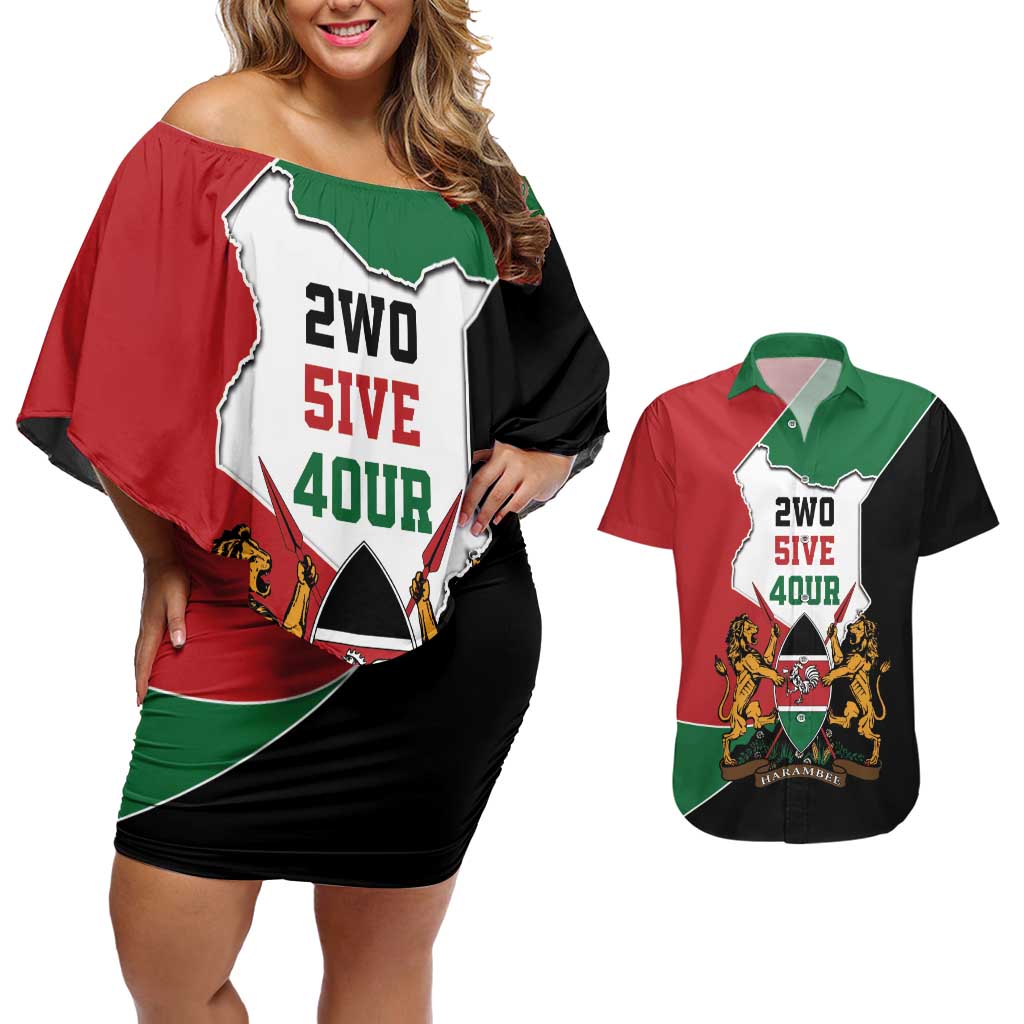 Kenya 254 Couples Matching Off Shoulder Short Dress and Hawaiian Shirt Kenyan Flag Map Double Lion Shield - Wonder Print Shop