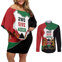 Kenya 254 Couples Matching Off Shoulder Short Dress and Long Sleeve Button Shirt Kenyan Flag Map Double Lion Shield - Wonder Print Shop