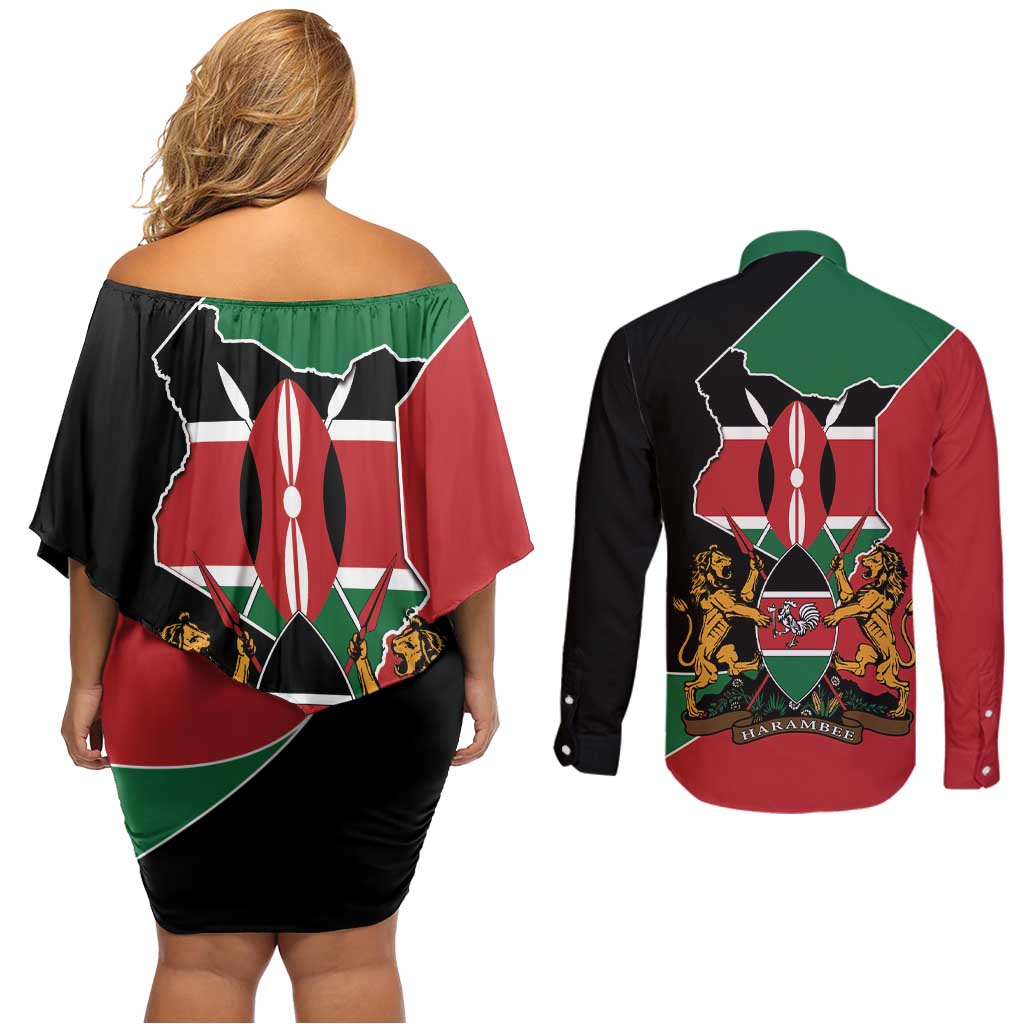 Kenya 254 Couples Matching Off Shoulder Short Dress and Long Sleeve Button Shirt Kenyan Flag Map Double Lion Shield - Wonder Print Shop