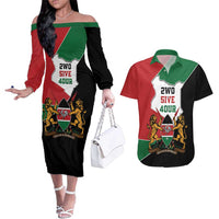 Kenya 254 Couples Matching Off The Shoulder Long Sleeve Dress and Hawaiian Shirt Kenyan Flag Map Double Lion Shield - Wonder Print Shop