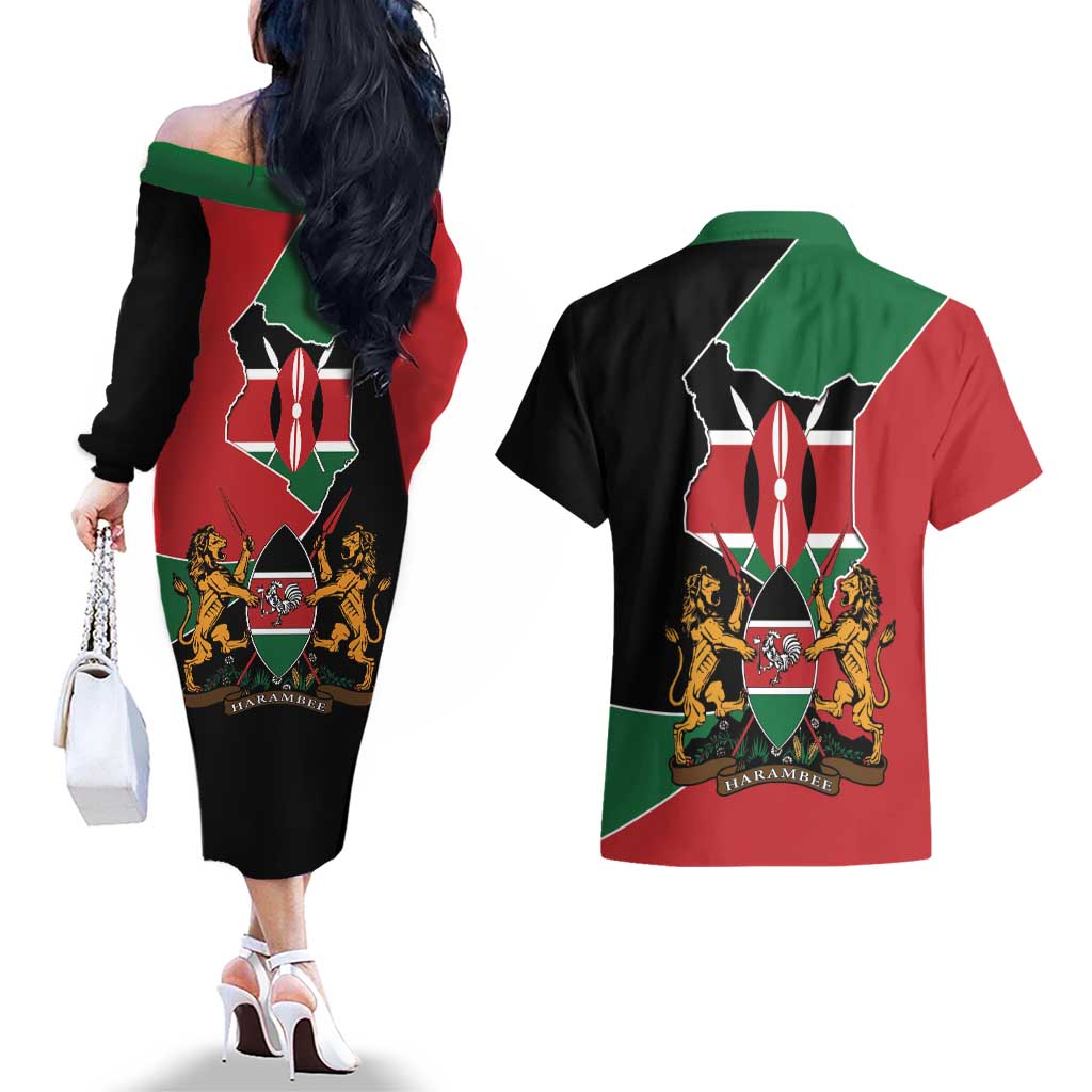 Kenya 254 Couples Matching Off The Shoulder Long Sleeve Dress and Hawaiian Shirt Kenyan Flag Map Double Lion Shield - Wonder Print Shop