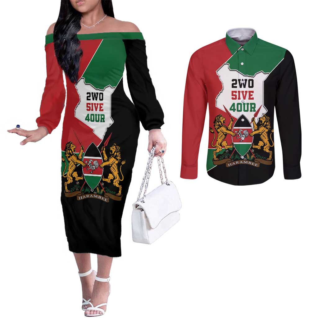 Kenya 254 Couples Matching Off The Shoulder Long Sleeve Dress and Long Sleeve Button Shirt Kenyan Flag Map Double Lion Shield - Wonder Print Shop