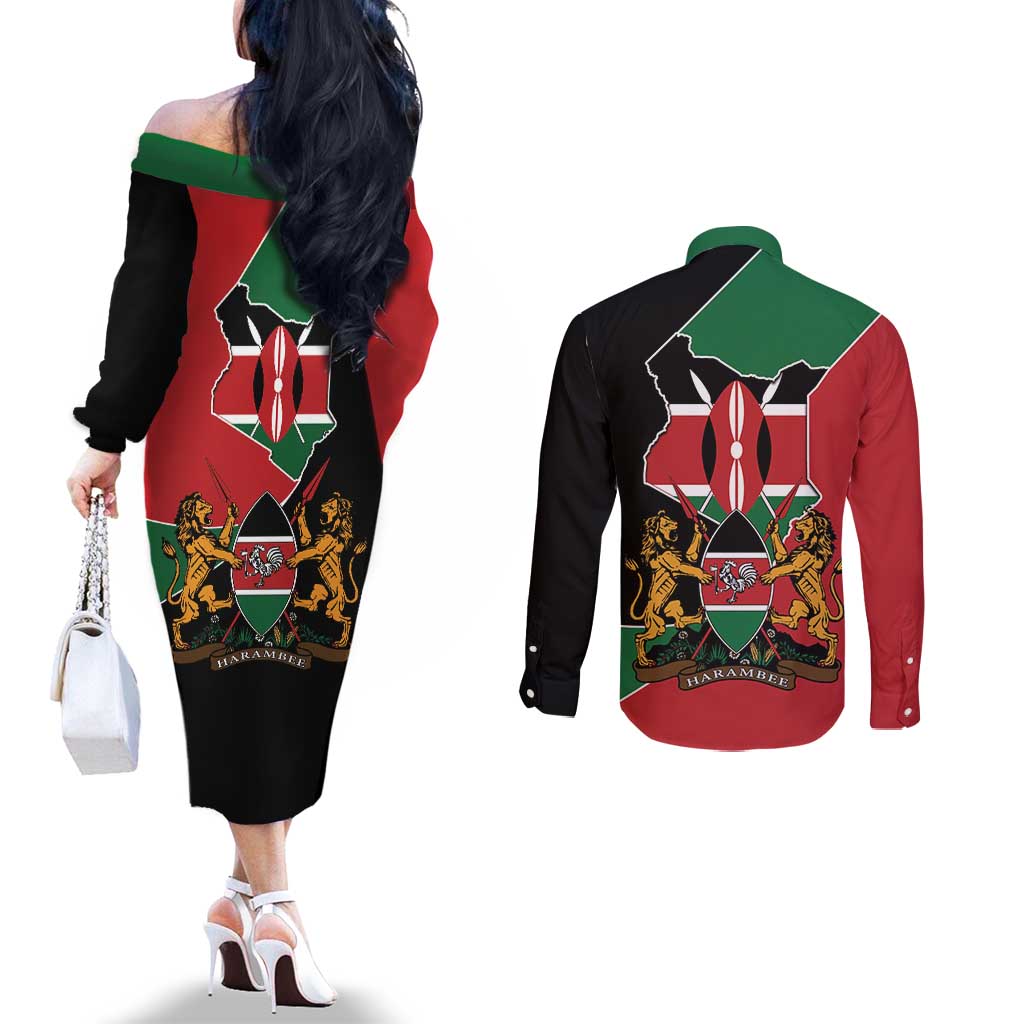Kenya 254 Couples Matching Off The Shoulder Long Sleeve Dress and Long Sleeve Button Shirt Kenyan Flag Map Double Lion Shield - Wonder Print Shop