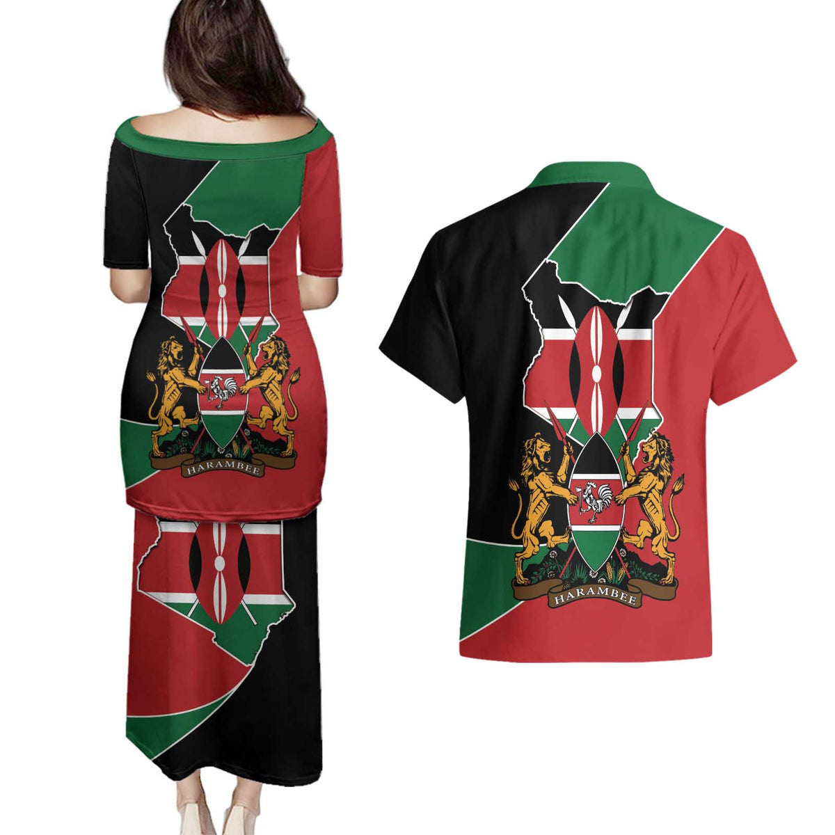 Kenya 254 Couples Matching Puletasi and Hawaiian Shirt Kenyan Flag Map Double Lion Shield - Wonder Print Shop