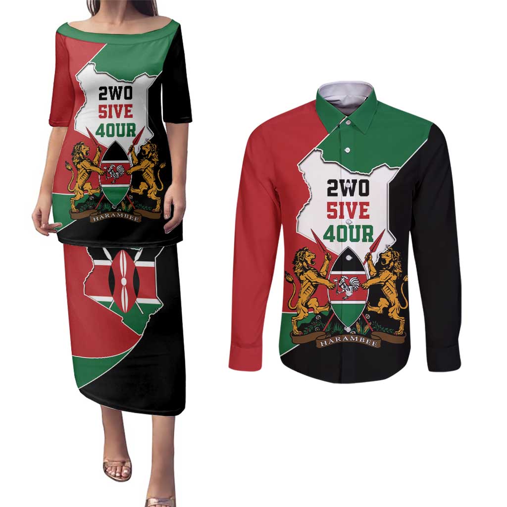 Kenya 254 Couples Matching Puletasi and Long Sleeve Button Shirt Kenyan Flag Map Double Lion Shield - Wonder Print Shop