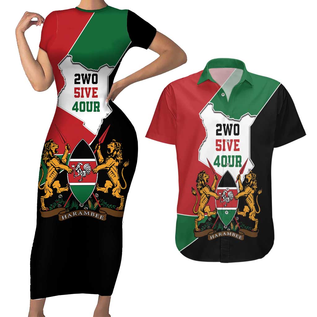 Kenya 254 Couples Matching Short Sleeve Bodycon Dress and Hawaiian Shirt Kenyan Flag Map Double Lion Shield - Wonder Print Shop