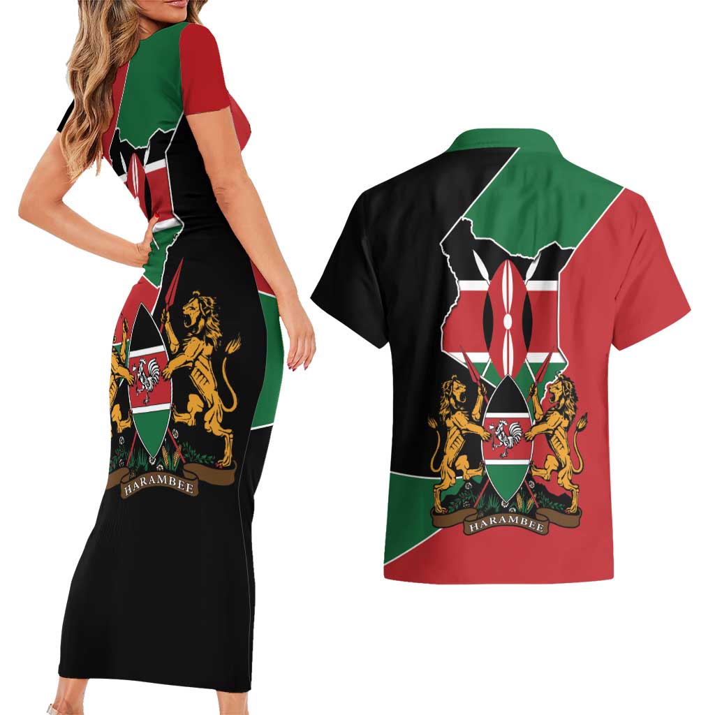 Kenya 254 Couples Matching Short Sleeve Bodycon Dress and Hawaiian Shirt Kenyan Flag Map Double Lion Shield - Wonder Print Shop