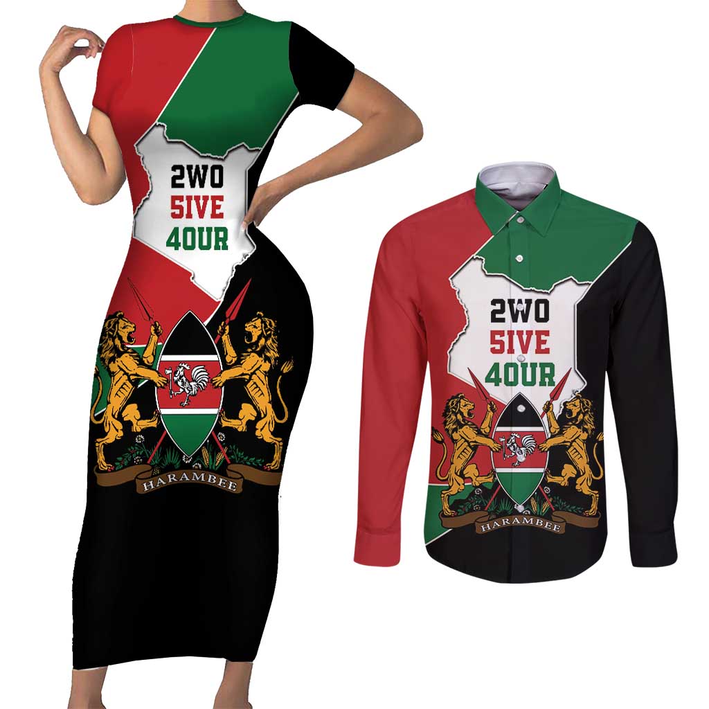 Kenya 254 Couples Matching Short Sleeve Bodycon Dress and Long Sleeve Button Shirt Kenyan Flag Map Double Lion Shield - Wonder Print Shop