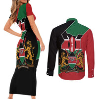 Kenya 254 Couples Matching Short Sleeve Bodycon Dress and Long Sleeve Button Shirt Kenyan Flag Map Double Lion Shield - Wonder Print Shop