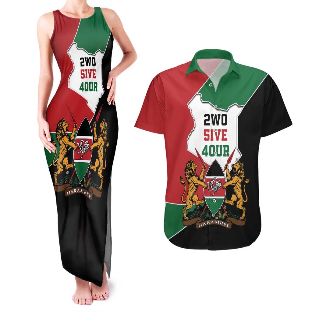 Kenya 254 Couples Matching Tank Maxi Dress and Hawaiian Shirt Kenyan Flag Map Double Lion Shield - Wonder Print Shop