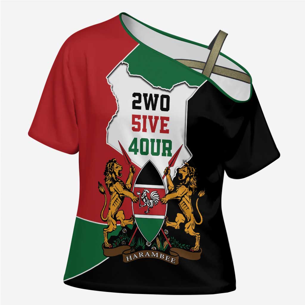 Kenya 254 Cross Shoulder Shirt Kenyan Flag Map Double Lion Shield - Wonder Print Shop