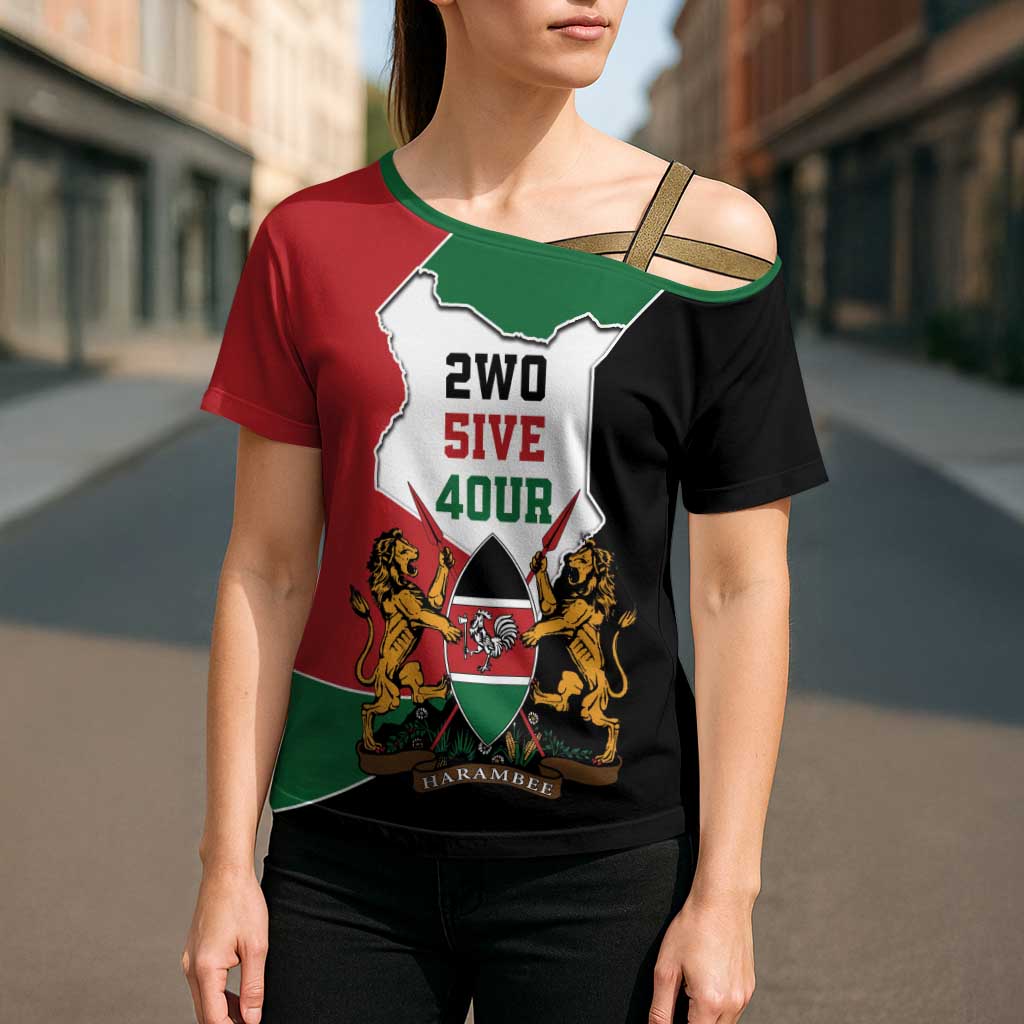 Kenya 254 Cross Shoulder Shirt Kenyan Flag Map Double Lion Shield - Wonder Print Shop