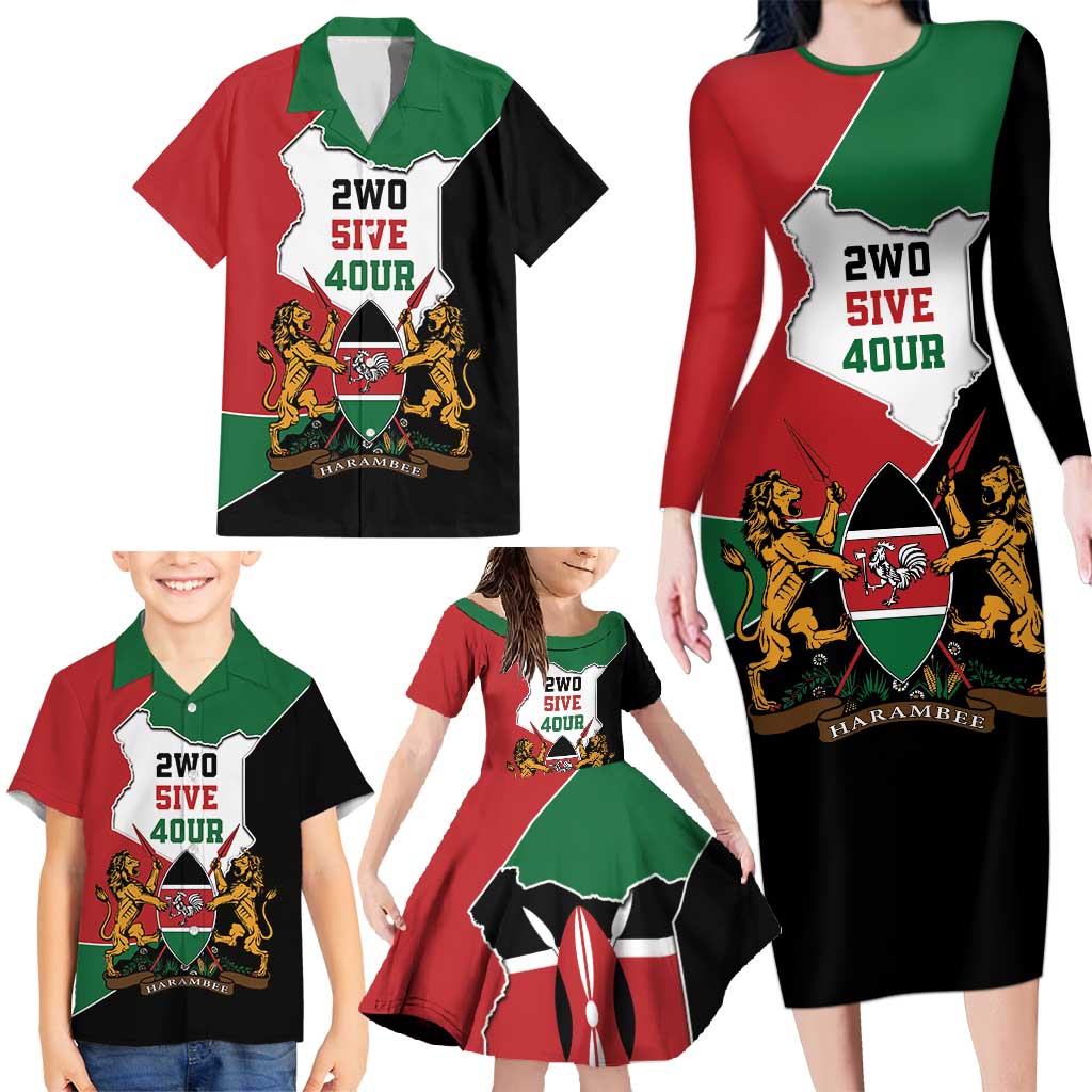 Kenya 254 Family Matching Long Sleeve Bodycon Dress and Hawaiian Shirt Kenyan Flag Map Double Lion Shield - Wonder Print Shop