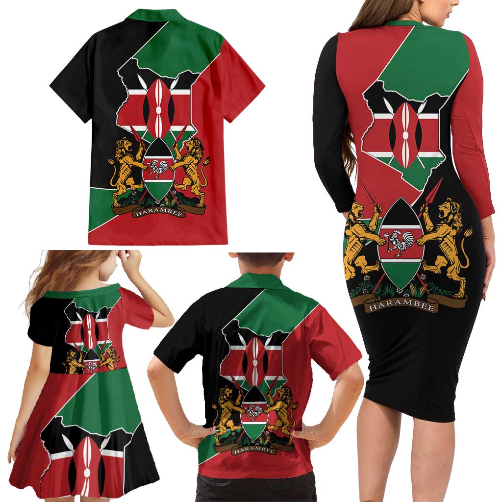 Kenya 254 Family Matching Long Sleeve Bodycon Dress and Hawaiian Shirt Kenyan Flag Map Double Lion Shield - Wonder Print Shop