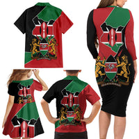 Kenya 254 Family Matching Long Sleeve Bodycon Dress and Hawaiian Shirt Kenyan Flag Map Double Lion Shield - Wonder Print Shop