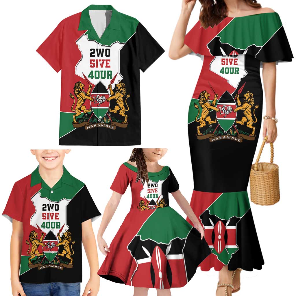 Kenya 254 Family Matching Mermaid Dress and Hawaiian Shirt Kenyan Flag Map Double Lion Shield - Wonder Print Shop